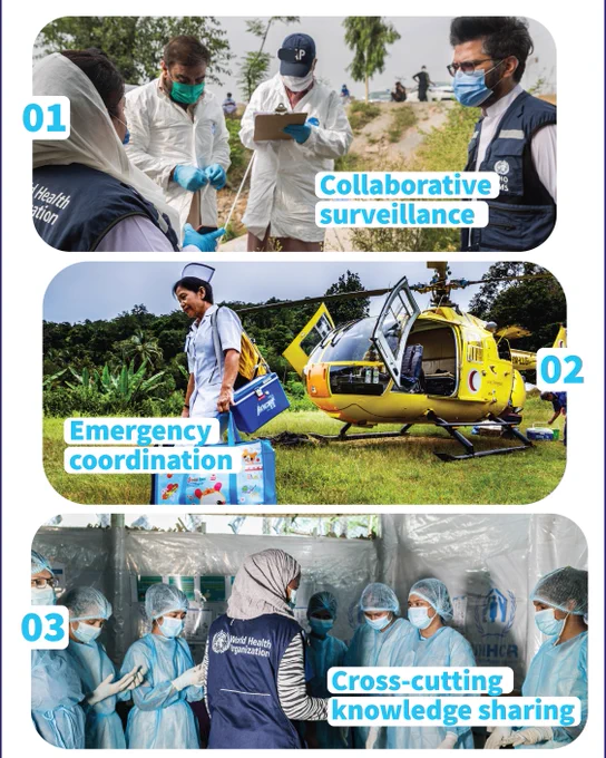 Three panels: 01 health workers in protective gear collect data outdoors. Text reads collaborative surveillance. 02 nurse carries vaccine cooler near a yellow helicopter. Text reads emergency coordination. 03 team in personal protective equipment meets in a field clinic. Text reads cross-cutting knowledge sharing.