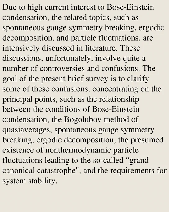 Due to high current interest to Bose-Einstein condensation, the related topics, such as spontaneous gauge symmetry breaking, ergodic decomposition, and particle fluctuations, are intensively discussed in literature. These discussions, unfortunately, involve quite a number of controversies and confusions. The goal of the present brief survey is to clarify some of these confusions, concentrating on the principal points, such as the relationship between the conditions of Bose-Einstein condensation, the Bogolubov method of quasiaverages, spontaneous gauge symmetry breaking, ergodic decomposition, the presumed existence of nonthermodynamic particle fluctuations leading to the so-called “grand canonical catastrophe", and the requirements for system stability.