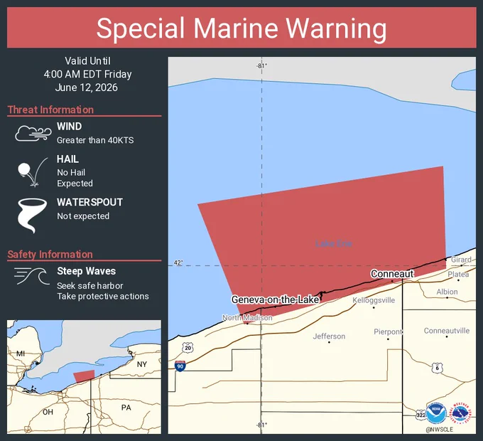 This graphic displays a special marine warning plotted on a map. The warning is in effect until 4:00 AM EDT. The warning includes Willowick to Geneva-on-the-Lake OH beyond 5NM off shoreline to US-Canadian border, Conneaut OH to Ripley NY beyond 5 nm off shoreline to US-Canadian border, Conneaut OH to Ripley NY and Willowick to Geneva-on-the Lake OH. The threats associated with this warning are wind gusts greater than 40kts and no hail expected.Waterspouts are not expected. Steep waves can be expected. Seek safe harbor and take protective actions.