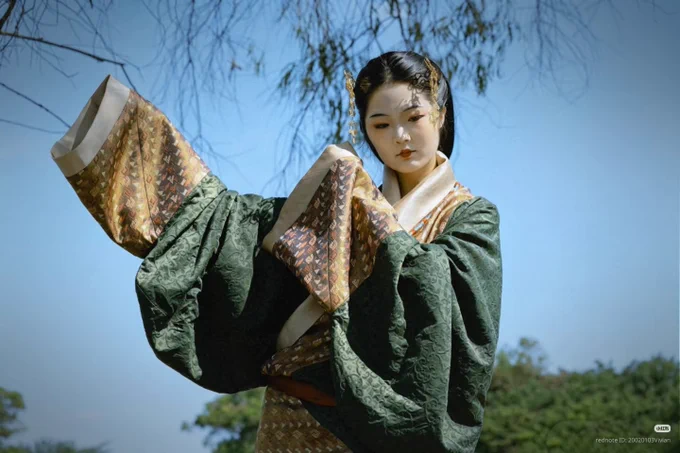 Woman in Han dynasty hanfu, dark green with copper and cream borders. Hair pinned back. In a park.