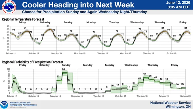 Graphs showing temperatures and precipitation chances into next week.