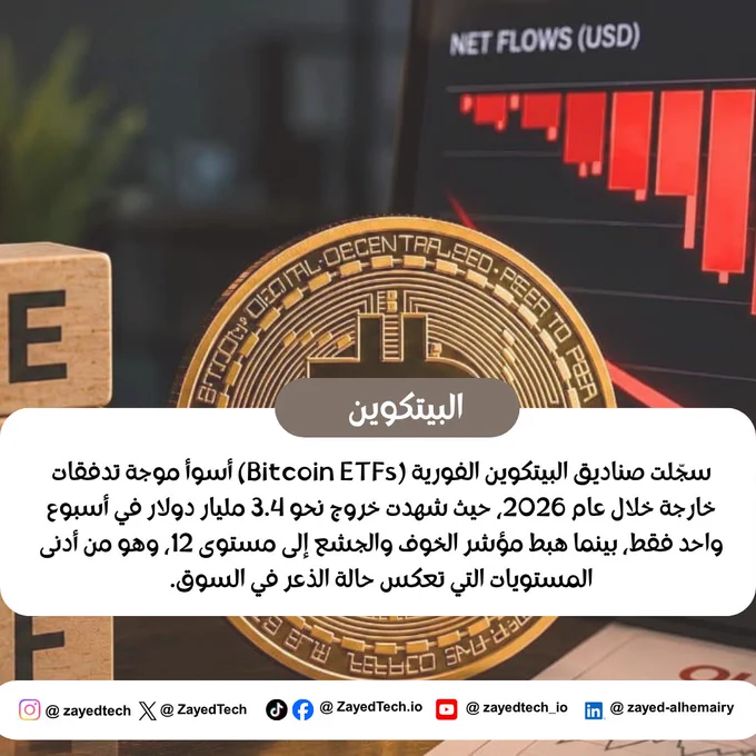 - البيتكوين في منطقة الخوف ... هل هذه فرصة الشراء التي ينتظرها الجميع ؟

سجّلت صناديق البيتكوين الفورية (Bitcoin ETFs) أسوأ موجة تدفقات خارجة خلال عام 2026، حيث شهدت خروج نحو 3.4 مليار دولار في أسبوع واحد فقط.

بينما هبط مؤشر الخوف والجشع إلى مستوى 12، وهو من أدنى المستويات التي تعكس حالة الذعر في السوق.

📉 عندما يسيطر الخوف على المستثمرين، تبدأ التساؤلات بالظهور:
 هل هذه إشارة لمزيد من الهبوط؟ أم أن التاريخ يعيد نفسه مرة أخرى؟

على مدار الدورات السابقة، كانت فترات الخوف الشديد غالباً ما تمثل نقاط دخول جذابة للمستثمرين أصحاب الرؤية طويلة الأجل، بينما كان الشراء في أوقات الطمع هو الأكثر خطورة.

💡 السؤال ليس: "هل السوق خائف؟"
 بل: "هل أنت مستعد للاستفادة عندما يخاف الجميع؟"

#Bitcoin #BTC #Crypto