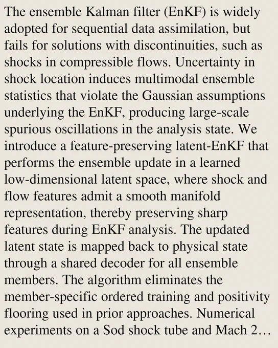 The ensemble Kalman filter (EnKF) is widely adopted for sequential data assimilation, but fails for solutions with discontinuities, such as shocks in compressible flows. Uncertainty in shock location induces multimodal ensemble statistics that violate the Gaussian assumptions underlying the EnKF, producing large-scale spurious oscillations in the analysis state. We introduce a feature-preserving latent-EnKF that performs the ensemble update in a learned low-dimensional latent space, where shock and flow features admit a smooth manifold representation, thereby preserving sharp features during EnKF analysis. The updated latent state is mapped back to physical state through a shared decoder for all ensemble members. The algorithm eliminates the member-specific ordered training and positivity flooring used in prior approaches. Numerical experiments on a Sod shock tube and Mach 2 shock interaction with a 2D cylinder, using sparse and noisy observations, show accurate feature recovery of sho
