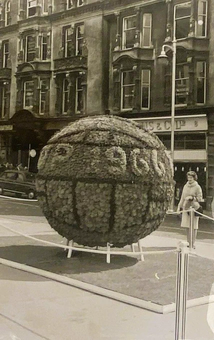 A floral sculptural tribute to World Cup 1966. A large ball of foliage with the markings of a football with the words World Cup 1966 running through it. The sculpture is on a plinth. A female figure in the far right of the photo looking on at the exhibit. A row of properties in the background. 
