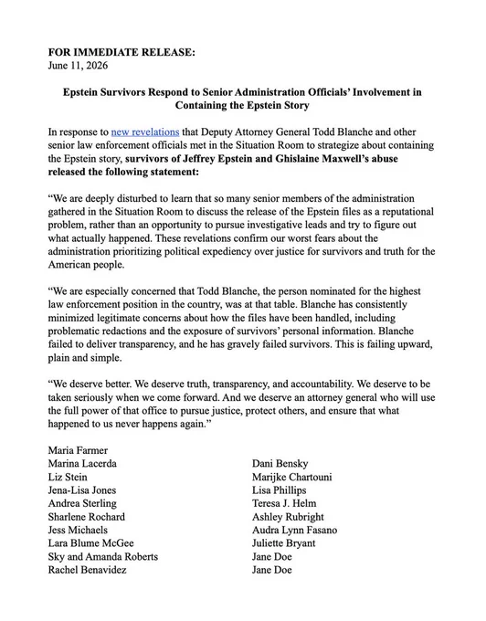FOR IMMEDIATE RELEASE June 11 2026 -- Official Epstein survivors press release opposing Todd Blanche nomination, signed by Maria Farmer and 18 other survivors