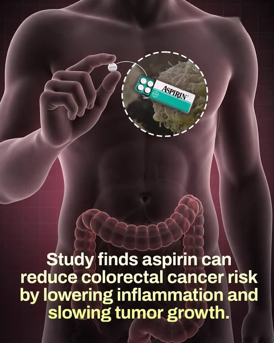 Aspirin, a common pain-relieving drug, has been shown to reduce the risk of colorectal cancer, especially in high-risk individuals.

It works by lowering inflammation, slowing tumor growth, and helping the immune system detect cancer cells.

However, due to potential side effects like bleeding, it should only be used for prevention under medical guidance.