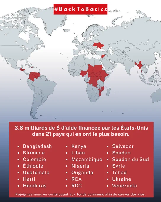 Carte du monde mettant en évidence en rouge 21 pays bénéficiaires de l’aide américaine. Le texte indique que les États-Unis financent 3,8 milliards de dollars d’aide dans les pays qui en ont le plus besoin, notamment en Afrique, en Amérique latine, au Moyen-Orient, en Asie et en Ukraine. Une liste des pays concernés apparaît au bas de l’image, accompagnée d’un appel à contribuer aux fonds communs afin de sauver des vies.