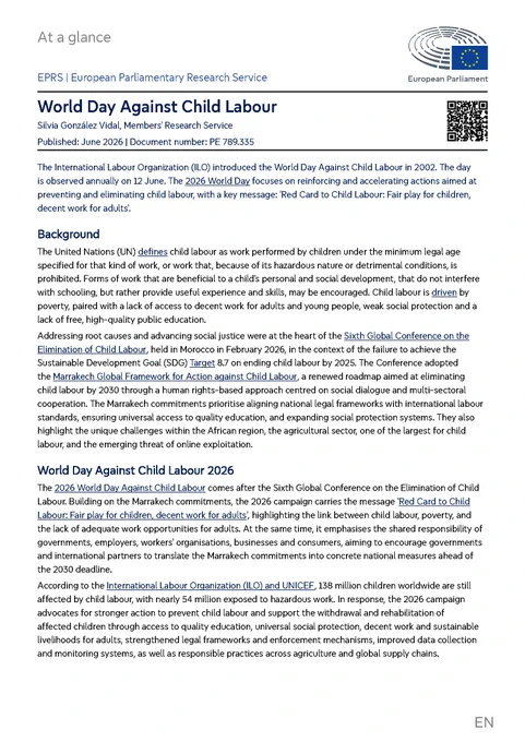 EPRS At-a-glance note (first page) on 'World Day Against Child Labour' (June 2026)