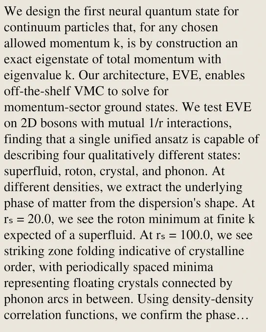 We design the first neural quantum state for continuum particles that, for any chosen allowed momentum k, is by construction an exact eigenstate of total momentum with eigenvalue k. Our architecture, EVE, enables off-the-shelf VMC to solve for momentum-sector ground states. We test EVE on 2D bosons with mutual 1/r interactions, finding that a single unified ansatz is capable of describing four qualitatively different states: superfluid, roton, crystal, and phonon. At different densities, we extract the underlying phase of matter from the dispersion's shape. At rₛ = 20.0, we see the roton minimum at finite k expected of a superfluid. At rₛ = 100.0, we see striking zone folding indicative of crystalline order, with periodically spaced minima representing floating crystals connected by phonon arcs in between. Using density-density correlation functions, we confirm the phase diagnoses and probe the excitations' correlation structures. Finally, we analyze the roton's phase texture and find 