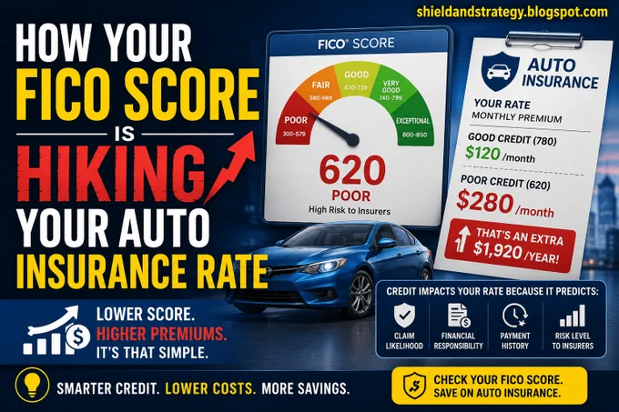 FICO score impact on auto insurance illustrated with a credit score gauge, insurance premium comparison, rising costs chart, and car — guide to understanding how credit scores influence auto insurance rates and how to lower premiums.
