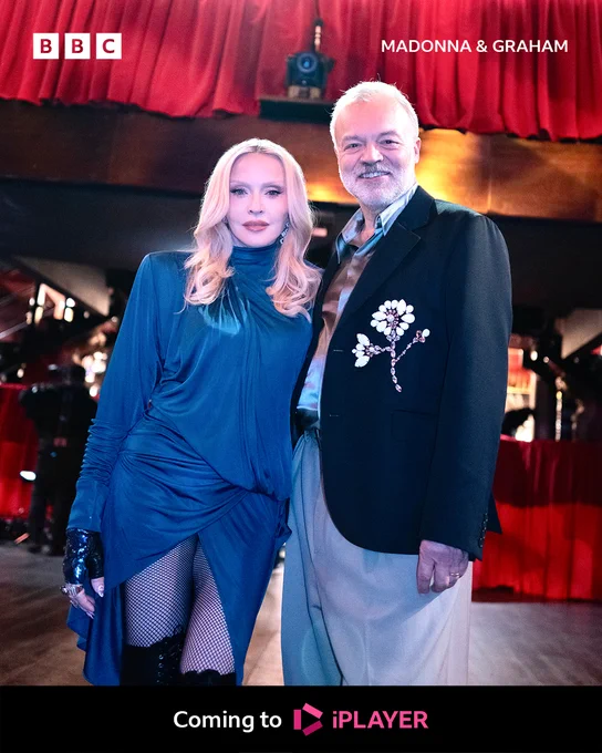 Photo of Madonna and Graham Norton alongside BBC branding. The pair look to the camera as they stand side-by-side in front of a stage and technical equipment. Text on the image reads: “Madonna & Graham, coming to BBC iPlayer.” 