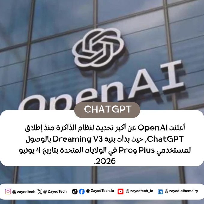ChatGPT يحصل على “ذاكرة” ثورية

أعلنت OpenAI عن أكبر تحديث لنظام الذاكرة منذ إطلاق ChatGPT، حيث بدأت بنية Dreaming V3 بالوصول لمستخدمي Plus وPro في الولايات المتحدة بتاريخ 4 يونيو 2026.

هذا التحديث لا يعني مجرد تحسين تقني… بل تحول في طريقة تفاعل الإنسان مع الذكاء الاصطناعي.

الآن، ChatGPT لم يعد ينسى بسهولة — بل يمكنه تذكّر السياق، التفضيلات، وأساليب التفاعل بشكل أعمق وأكثر استمرارية.

💭 السؤال الأهم:
 هل نحن أمام بداية علاقة جديدة بالكامل بين الإنسان والآلة… حيث يصبح الذكاء الاصطناعي “مرافقاً معرفياً دائماً” وليس مجرد أداة مؤقتة؟

#chatgpt #openAI #AI 