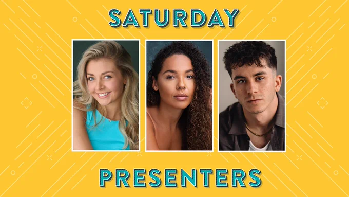 Graphic reads: Saturday Presenters

Left image of Mathilde Barker, middle image of Shanay Holmes and right image of Tobias Turley