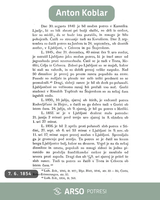 Odlomek iz članka Antona Koblarja »Zemeljski potresi na Slovenskem« iz leta 1895.