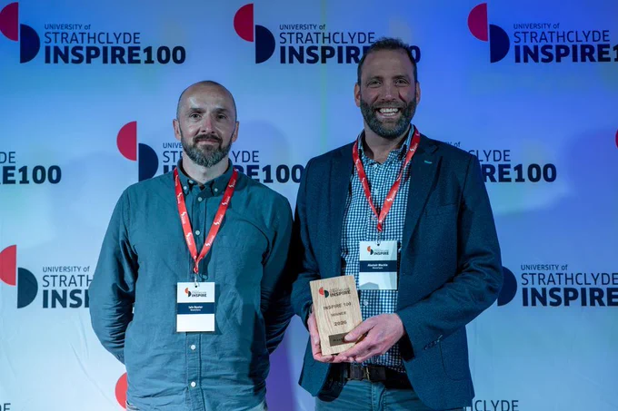 Alastair Mackie with business partner of WasteSync receiving his award at Strathclyde Inspire 100.