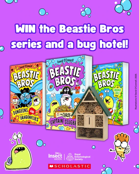 Three colourful Beastie Bros books by David O'Connell displayed alongside a wooden bug hotel on a purple background with bubbles, advertising a giveaway organised by Scholastic and the Royal Entomological Society for Insect Week.