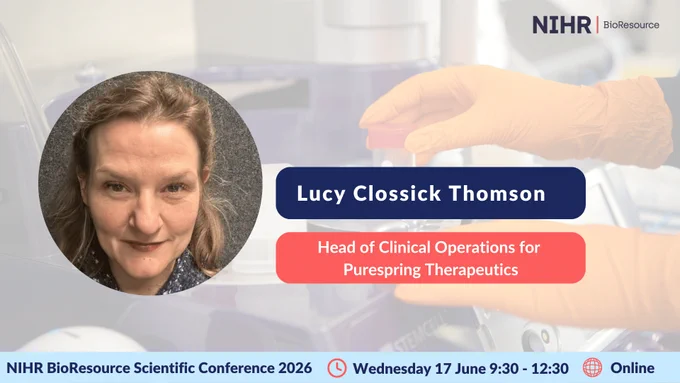Portrait of Lucy Clossick Thomson, Head of Clinical Operations at Purespring Therapeutics, with a gloved hand handling a lab sample in the background.