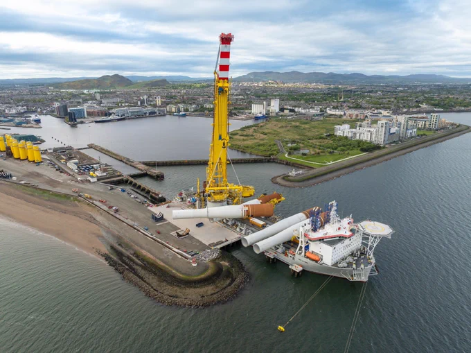 The monopiles being handled at the port of Leith, UK. © Jan De Nul
