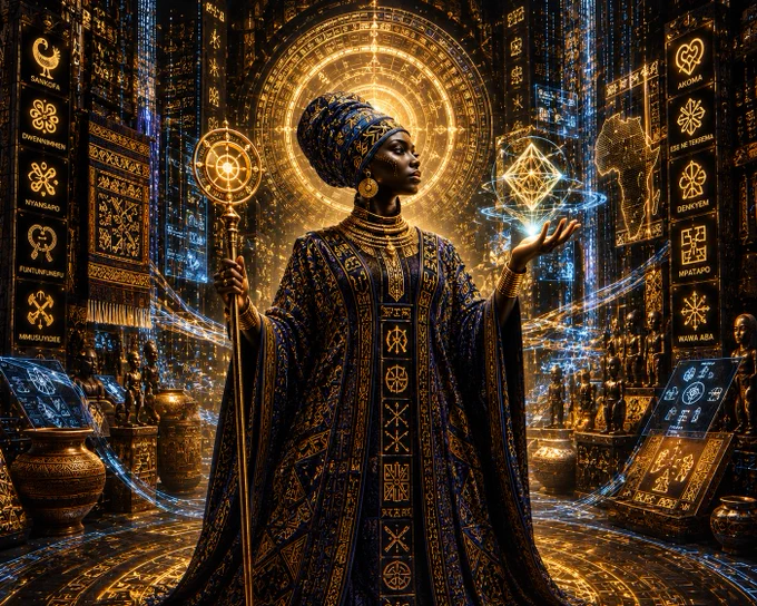 This featured image represents the central idea of Week 42: that patterns are more than decoration, they are systems of memory, communication, and knowledge. The Pattern Keeper stands within an archive of living symbols and geometric structures, embodying the role of culture as a vessel for preserving and transmitting intelligence across generations.