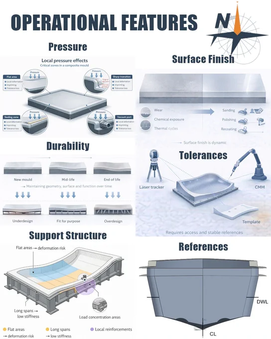 🔶 Pressure is a structural design input. Vacuum pressure, external pressure, and thermal loads can deform the mould if stiffness is not controlled. Flat areas, sharp transitions, sealing zones, and vacuum ports are critical regions where local deformation can cause imprinting, tolerance loss, or geometric distortion.

🔶 Durability defines the ability of the mould to maintain geometry, surface quality, and function over time. It depends on the expected number of parts, process conditions, cyclic loading, thermal cycles, chemical exposure, handling, and assembly operations. Underdesign leads to premature failure, while overdesign increases weight, cost, and manufacturing complexity.

🔶 Surface finish is functional, not only aesthetic. The mould surface transfers directly to the part, so roughness, gloss, scratches, waviness, or print-through can be reproduced in production. It must be defined by function, visibility, and the good side, and controlled through preparation, sanding, poli