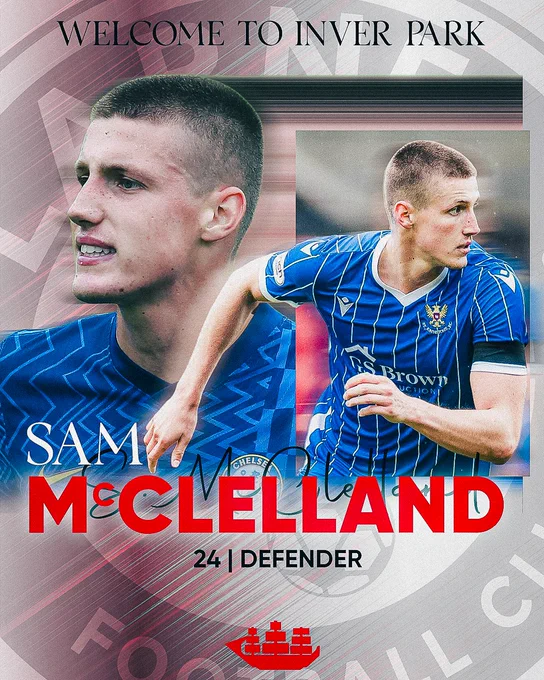 A promotional graphic welcoming Sam McClelland, a defender, to Inver Park. The image features two action shots of McClelland with a bold, energetic design.