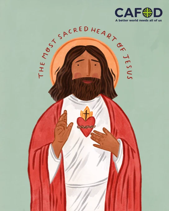 An illustration showing Jesus with a hand touching his Sacred Heart.