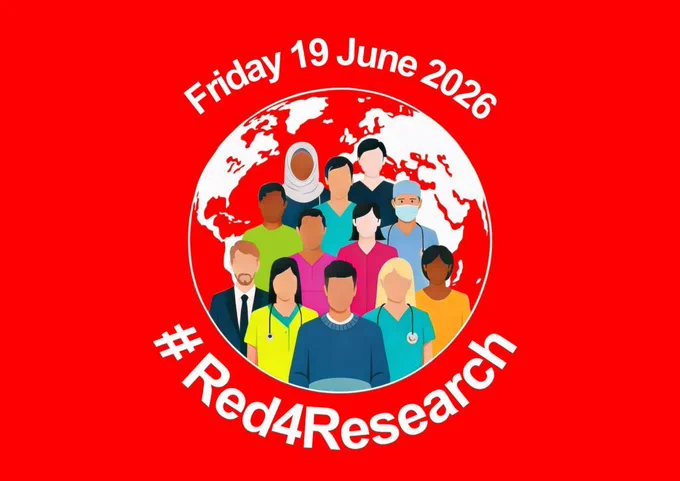 Image of a globe with the silhouettes of medical professionals. The text #Red4Research and Friday 19 June 2026 is included 