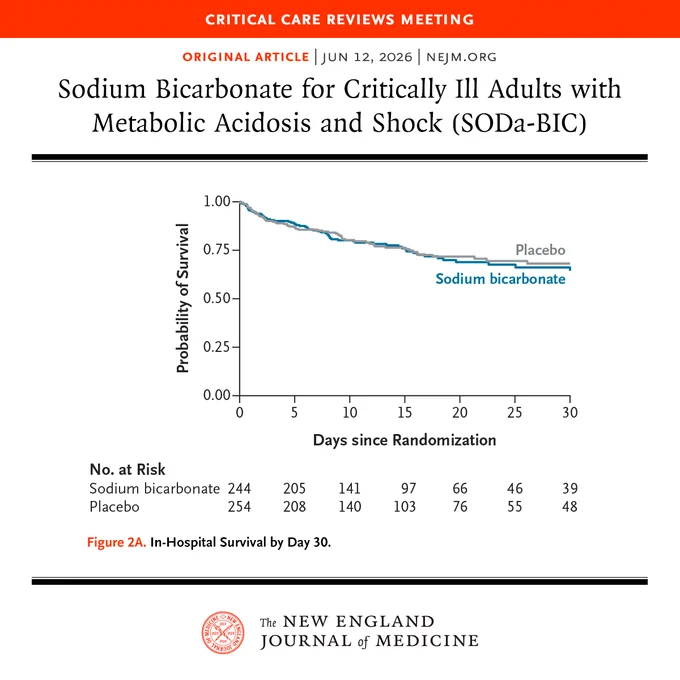 This image is a graph from a medical study titled "Sodium Bicarbonate for Critically Ill Adults with Metabolic Acidosis and Shock" published in the New England Journal of Medicine. The trial name (SODa-BIC) is in parentheses next to the title. The graph shows survival probability over 90 days for two groups: one receiving sodium bicarbonate and the other a placebo. The horizontal axis represents days since randomization, while the vertical axis represents the probability of survival, ranging from 0 to 1. A legend indicates the number of patients at risk over time for both groups. 