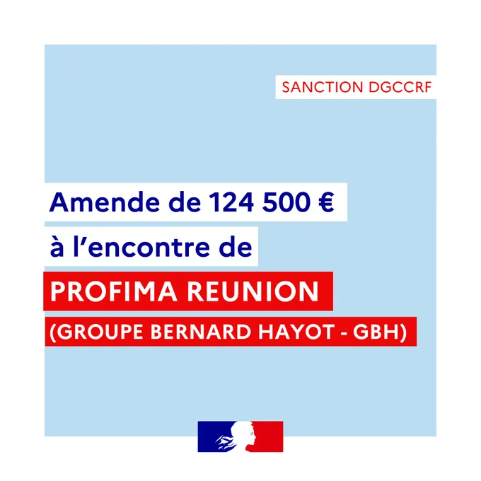 Texte sur fond bleu annonçant une amende de 124 500 € à l'encontre de Profima Réunion, Groupe Bernard Hayot (GBH), avec le logo de la République française.