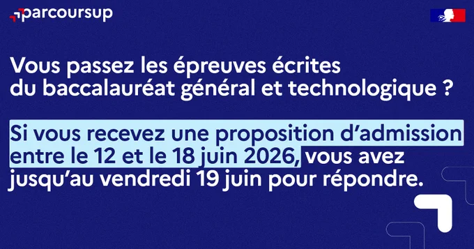 Vous passez les épreuves écrites du baccalauréat général et technologique ? Si vous recevez une proposition d’admission  sur Parcoursup entre le 12 et le 18 juin 2026, vous avez jusqu’au vendredi 19 juin pour répondre.