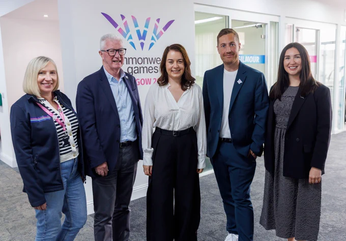 Minister Stephanie Peacock meets with staff and officials at the Commonwealth Games Organising Committee offices in Glasgow.