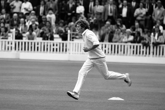 A picture I took of Bob Willis bowling on the third day of the 1st England v India Test at Lord's, June 12th 1982.