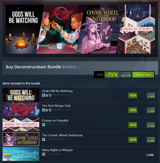 Steam website screenshot offering the Deconstructeam Bundle 71% off -- 16,47€ exactly, whatever that much is in your currency.