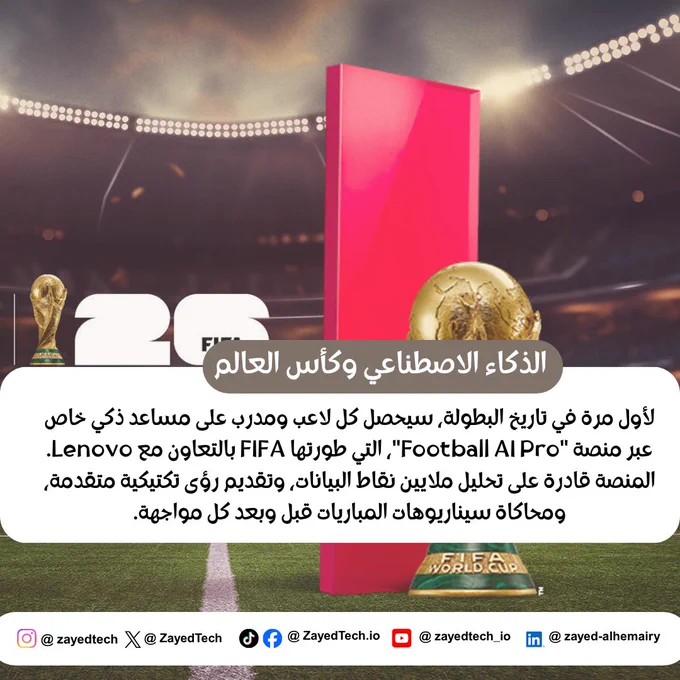 الذكاء الاصطناعي يدخل الملعب رسميًا في كأس العالم 2026!

لأول مرة في تاريخ البطولة، سيحصل كل لاعب ومدرب على مساعد ذكي خاص عبر منصة "Football AI Pro"، التي طورتها FIFA بالتعاون مع Lenovo.

المنصة قادرة على تحليل ملايين نقاط البيانات، وتقديم رؤى تكتيكية متقدمة، ومحاكاة سيناريوهات المباريات قبل وبعد كل مواجهة.

ولن يتوقف دور الذكاء الاصطناعي عند التحليل الفني فقط، بل سيمتد إلى تحسين قرارات التسلل عبر نماذج ثلاثية الأبعاد للاعبين، ودعم الحكام، وتعزيز تجربة الجماهير داخل وخارج الملاعب.

السؤال الذي يفرض نفسه:
🏆 من سيفوز بكأس العالم 2026؟

 الإنسان بخبرته وإبداعه وشغفه؟
 أم الخوارزمية بقدرتها على تحليل ملايين الاحتمالات في ثوانٍ؟

ربما تكون الإجابة الحقيقية:
 الفريق الذي يعرف كيف يوظف الذكاء الاصطناعي دون أن يفقد اللمسة البشرية.

#كأس_العالم_2026 #الذكاء_الاصطناعي #AI #WorldCup2026