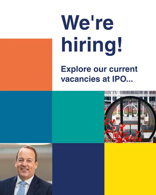 'We're hiring!' text alongside vibrant squares and a professional portrait, promoting IPO career opportunities.