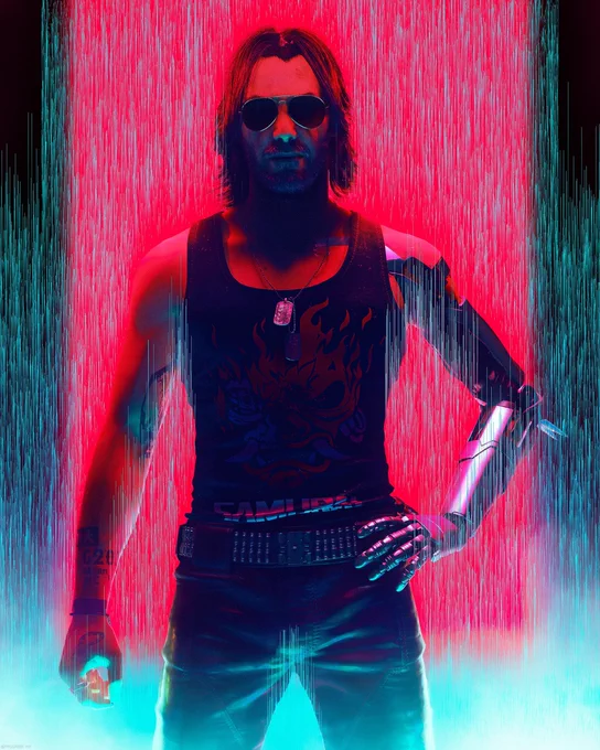 Digital artwork of Johnny Silverhand from Cyberpunk 2077. Johnny faces the viewer and his cybernetic hand rests on his hip. He wears a Samurai tank top, leather trousers, dog tags, and aviator sunglasses. A glitch effect distorts parts of the image.