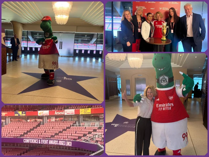 A series of images from a conference event featuring a sports mascot, panelists posing with an award, and a decorated stadium. The atmosphere is celebratory and engaging.