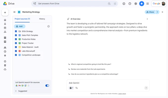 A screenshot of the Google Drive interface. The user has Ask Gemini open. On the left-hand side is a list of selected "Project sources” that include various files such as PDFs, Sheets and Docs. Below this, the option called “Let Gemini search for sources”, which shows logos for Drive, Gmail, Google Chat and Google Calendar, is enabled. On the right is an AI overview of the project, three prompt suggestions and the Ask Gemini prompt bar.