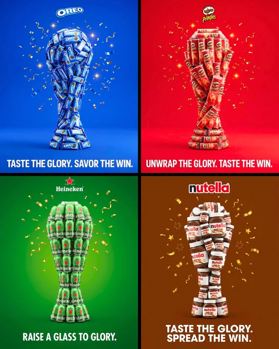 Create a professional advertisement for [BRAND] in 4:5 aspect ratio. The background should use the signature brand color as a clean, vibrant backdrop. Arrange multiple [PRODUCT] items creatively to form a perfect FIFA World Cup trophy shape in the center of the composition — The products should appear realistic and three-dimensional with professional lighting and soft shadows, clearly displaying logos and branding. Add celebratory elements like confetti, golden star bursts, or ticker tape floating around the trophy shape. Position the brand logo at the top center of the image. At the bottom, include a bold, punchy tagline in modern typography that connects the brand to World Cup glory or victory. Use photorealistic 3D rendering style with studio lighting and premium advertising quality. Maintain a clean, modern aesthetic with significant breathing room around all elements.