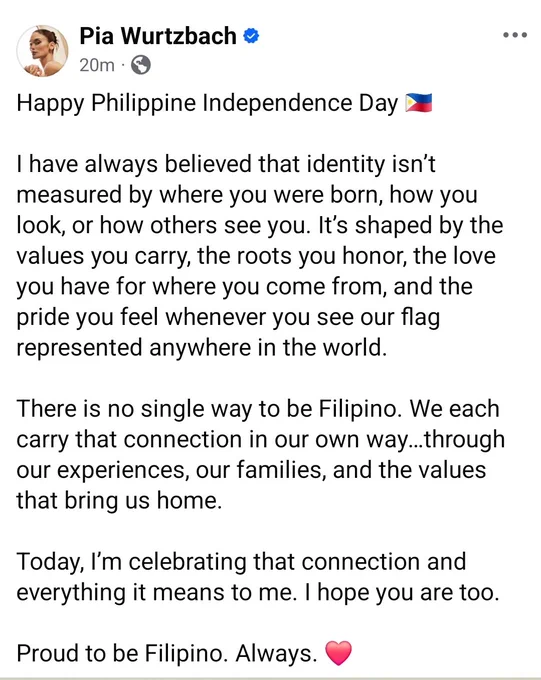 Influencer and 2015 Miss Universe Pia Wurtzbach has shared her thoughts on being Filipino on the heels of Brandon Espiritu's recent controversial remark about "halfies" in pageantry.