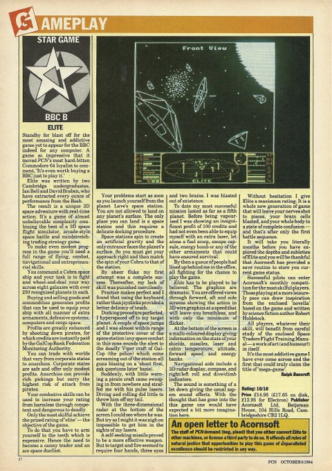 The single-page review of BBC Elite in issue 82 of Personal Computer News (PCN) magazine, October 1984. It is a very positive and accurate synopsis of the game, and concludes with a 10/10 rating.