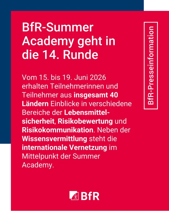 Vom 15. bis 19. Juni 2026 erhalten Teilnehmerinnen und Teilnehmer aus insgesamt 40 Ländern Einblicke in verschiedene Bereiche der Lebensmittel-sicherheit, Risikobewertung und Risikokommunikation. Neben der Wissensvermittlung steht die internationale Vernetzung im Mittelpunkt der Summer Academy.
