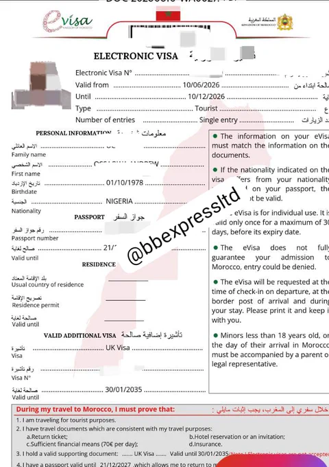 A newly processed #Moroccoevisa by BBExpressLTD

Our client reached out to us to get this evisa. As usual, we delivered 🤝

As a Nigerian, you can get your Morocco 🇲🇦 evisa when you have a valid visa from

USA 🇺🇸 
UK 🇬🇧 
Canada 🇨🇦 
Australia 🇦🇺 
Ireland🇮🇪
New Zealand 🇳🇿 
Japan 🇯🇵
Schengen 🤩

Get your visa in less than 5 working days for ₦200,000

Reach out to us 
234-706-642-7163 
234-708-754-3819 

#Nigeriantravelagency 
#visaconsultantinnigeria 
#studyabroadagency2026🎒🧳 
#Flightbookings✈️ 



