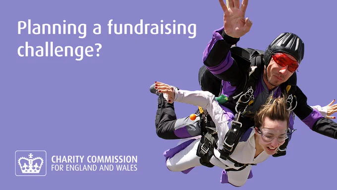 Two people skydiving in tandem against a purple background. Texts reads: Planning a fundraising challenge? 