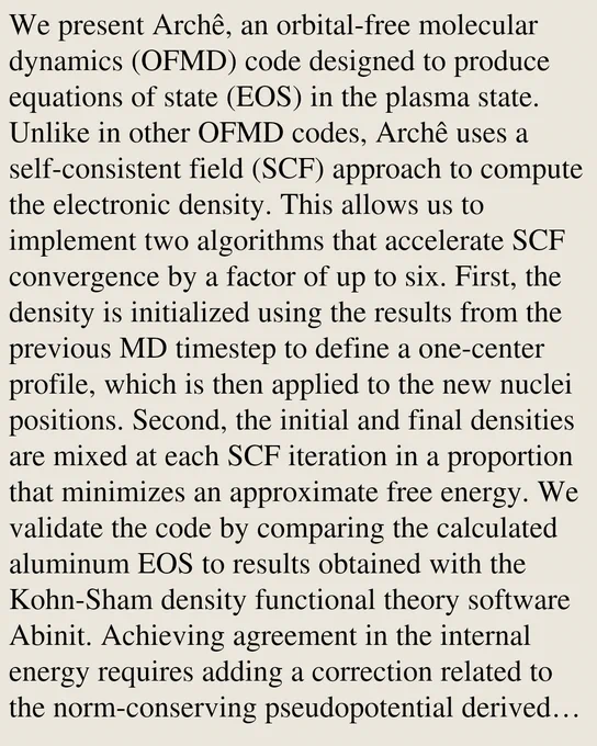 We present Archê, an orbital-free molecular dynamics (OFMD) code designed to produce equations of state (EOS) in the plasma state. Unlike in other OFMD codes, Archê uses a self-consistent field (SCF) approach to compute the electronic density. This allows us to implement two algorithms that accelerate SCF convergence by a factor of up to six. First, the density is initialized using the results from the previous MD timestep to define a one-center profile, which is then applied to the new nuclei positions. Second, the initial and final densities are mixed at each SCF iteration in a proportion that minimizes an approximate free energy. We validate the code by comparing the calculated aluminum EOS to results obtained with the Kohn-Sham density functional theory software Abinit. Achieving agreement in the internal energy requires adding a correction related to the norm-conserving pseudopotential derived from an average-atom model. Performance is compared across CPU and GPU architectures, de