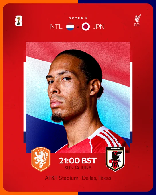 Graphic showcasing that Netherlands will face Japan in World Cup Group F this evening. The match will kick-off at 21:00 BST in Dallas, Texas.