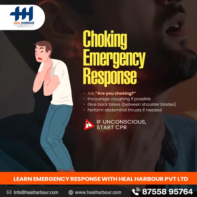 CHOKING EMERGENCY RESPONSE 🆘 

A quick response can save a life.
Learn life-saving emergency response skills with Heal Harbour Pvt. Ltd.🚑 


📞 Call Now: 8755895764
🌐 Learn More: www.healharbour.com


#ChokingEmergency #FirstAid #CPRTraining #EmergencyCare #LifeSavingSkills #SaveLives #FirstAidTraining #EmergencyResponse #HealHarbour #SafetyAwareness