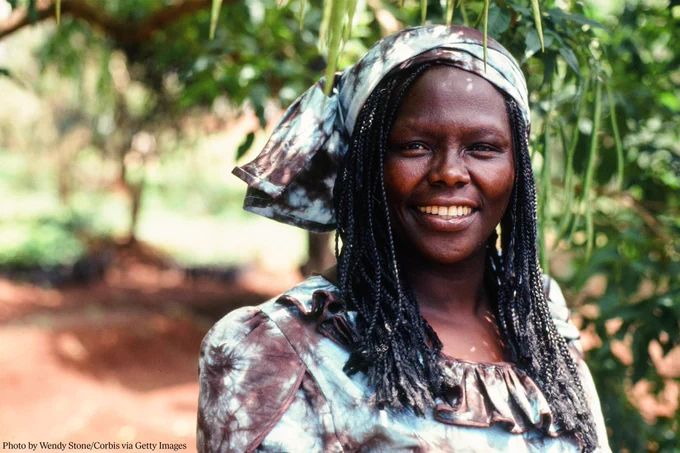 Wangari Maathai smiles in a natural setting, wearing a patterned headscarf and a tie-dye shirt. The background features lush greenery.