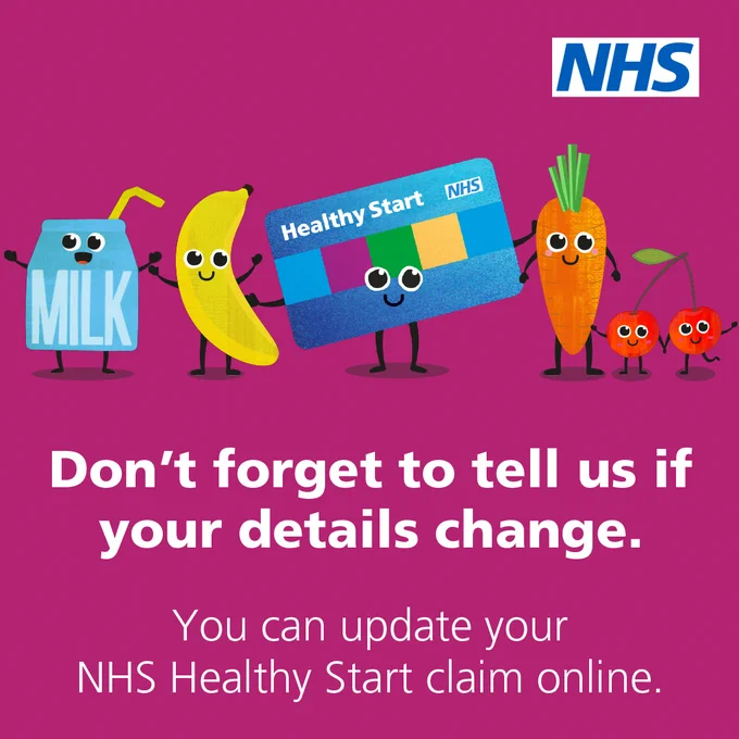 An illustration promoting NHS's Healthy Start featuring smiling cartoon characters of a milk carton, banana, carrot, and cherries, alongside an NHS Healthy Start card. Background is pink with text reminding to update details online.