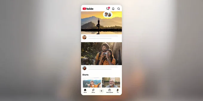 YouTube interface displaying user profiles, scenic images, and a Shorts section, indicating social features for content sharing.